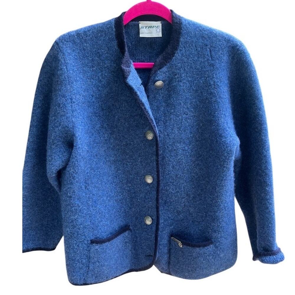 Vintage STAPF Boiled Wool Cardigan Jacket Sweater | Womens 12, Blue Austria Flaw